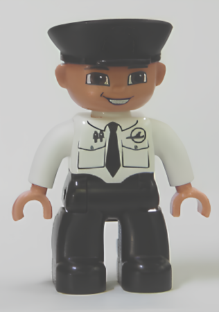 Минифигурка Lego Duplo Figure Lego Ville, Male Pilot, Black Legs, White Top with Airplane Logo and Black Tie, Police Hat 47394pb120